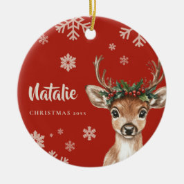 Personalisierter Rentier Weihnachtsschneeflocke Keramik Ornament
