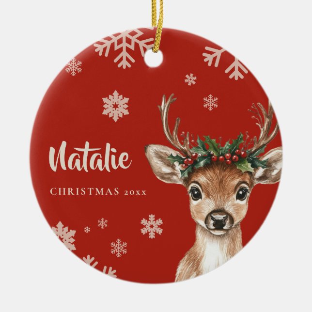 Personalisierter Rentier Weihnachtsschneeflocke Keramik Ornament (Vorne)