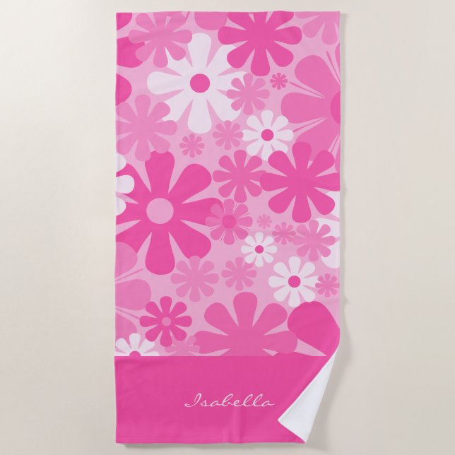 Personalisierter Retro-60er 70er Y2K Pink Beach T Strandtuch (Vorderseite)