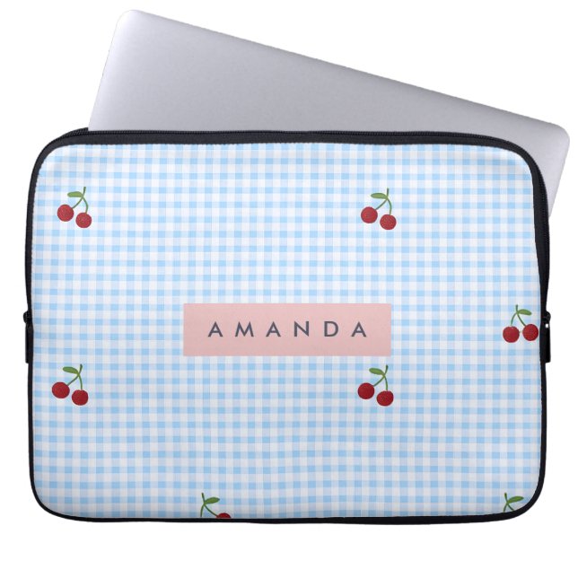 Personalisierter Retro-Blauer Gingham-Kirschen-Dru Laptopschutzhülle (Vorderseite)
