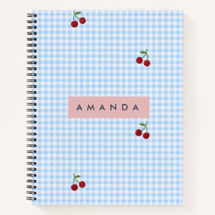 Personalisierter Retro-Blauer Gingham-Kirschen-Dru Notizbuch