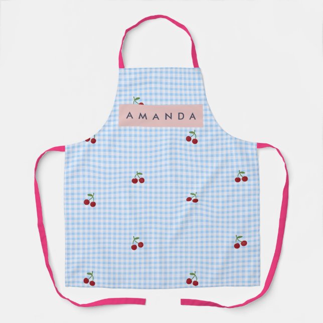 Personalisierter Retro-Blauer Gingham-Kirschen-Dru Schürze (Vorderseite)