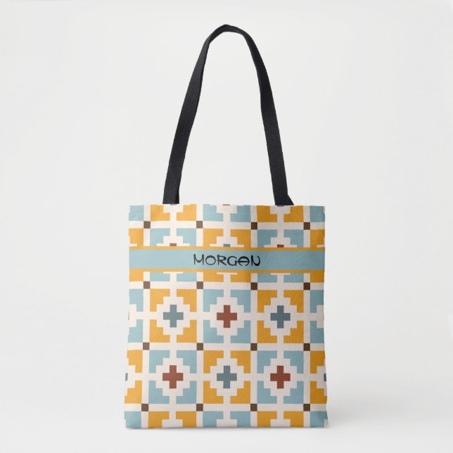 Personalisierter Retro Geometric Tile Pattern Tote Tasche (Vorderseite)