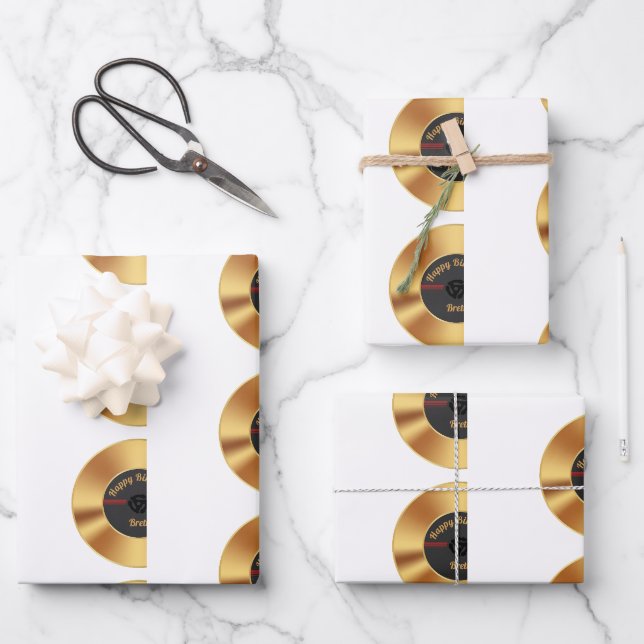 Personalisierter Retro-Gold-Vinyl-Record Geschenkpapier Set (Vorderseite)