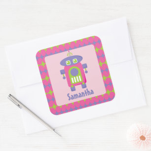 Personalisierter Retro-Rosa, Lila und grüner Robot Quadratischer Aufkleber