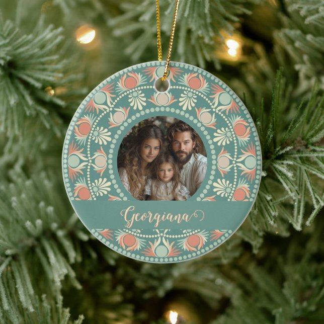 Personalisierter Retro-Sage & Sand Mandala-Foto-Ra Keramik Ornament (Baum)