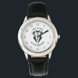 Personalisierter Ringträger Tuxedo Schwarz-weiß Armbanduhr<br><div class="desc">Eine personalisierte Armbanduhr für den Ringträger in Ihrer Hochzeitsfeier,  die eine schwarze Abbildung eines Tuxedo zeigt,  gerahmt durch die Worte "Ringträger" und den Vornamen des Kindes in geschwungener schwarzer Schrift.</div>