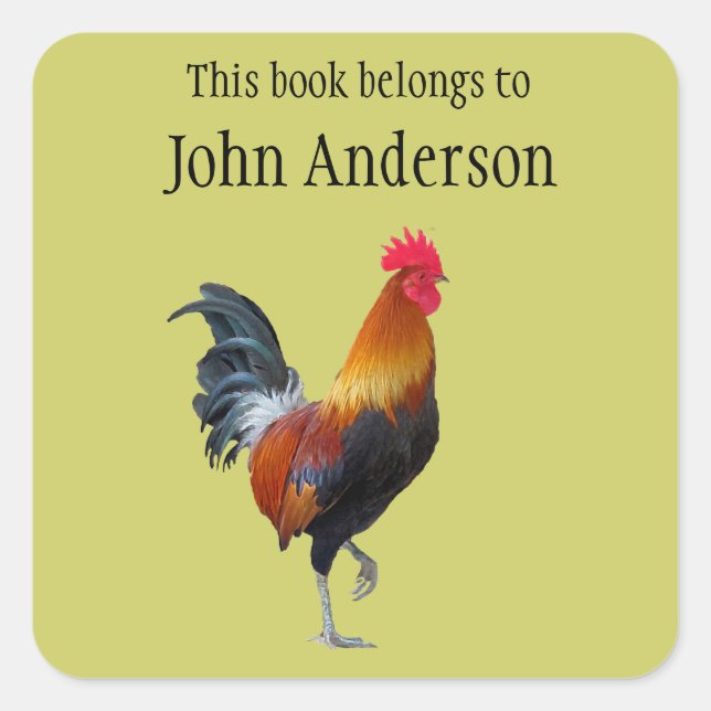 Personalisierter Rooster-Buchzeichen Quadratischer Aufkleber (Vorderseite)