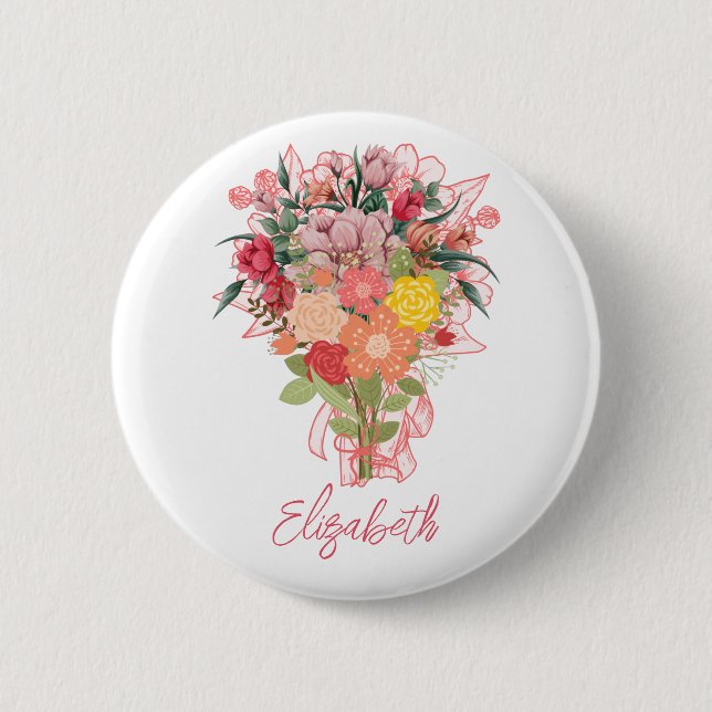 Personalisierter rosa Blumenstrauß Button (Vorderseite)