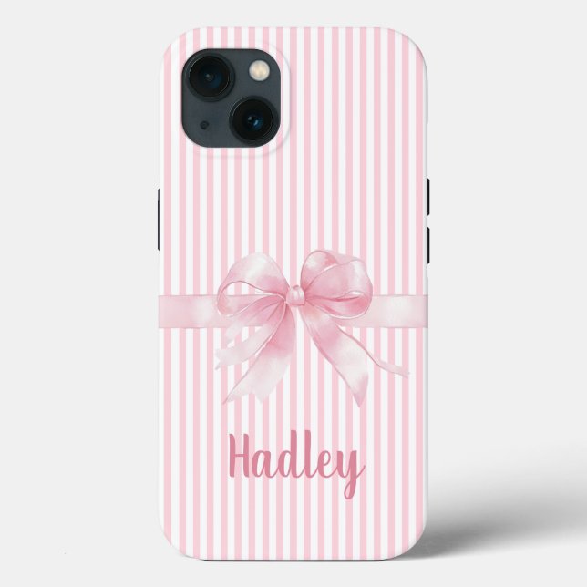 Personalisierter rosa Bow Striped iPhone Case | Cu (Rückseite)