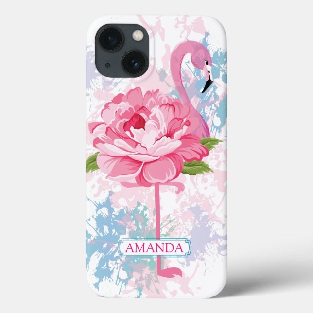 Personalisierter rosa Flamingomit blumenentwurf Case-Mate iPhone Hülle (Rückseite)