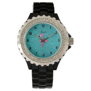 Personalisierter rosa Flamingotürkis-NamensGlitte Armbanduhr
