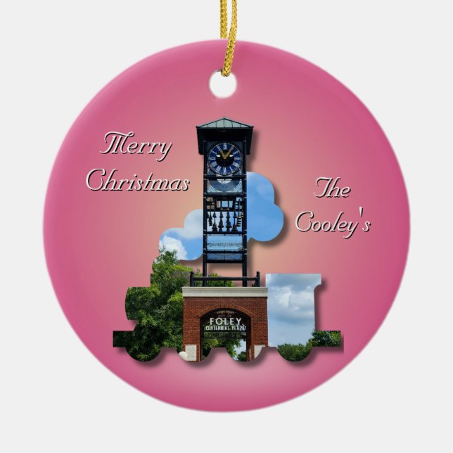 Personalisierter (rosa) Foley-Uhr-Turm und -Zug Keramik Ornament (Vorne)