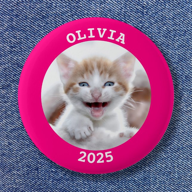 Personalisierter, rosa Foto Button (Hot Pink Personalized Round Photo Frame Button)