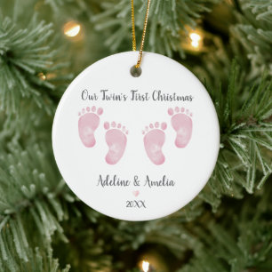 Personalisierter Rosa Fußabdruck für Zwillinge Bab Keramik Ornament