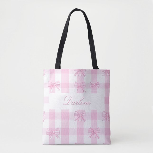 Personalisierter rosa Gingham-Bogen Tasche (Vorderseite)