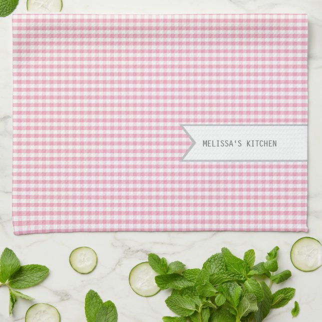 Personalisierter rosa Gingham Geschirrtuch (Gefaltet)
