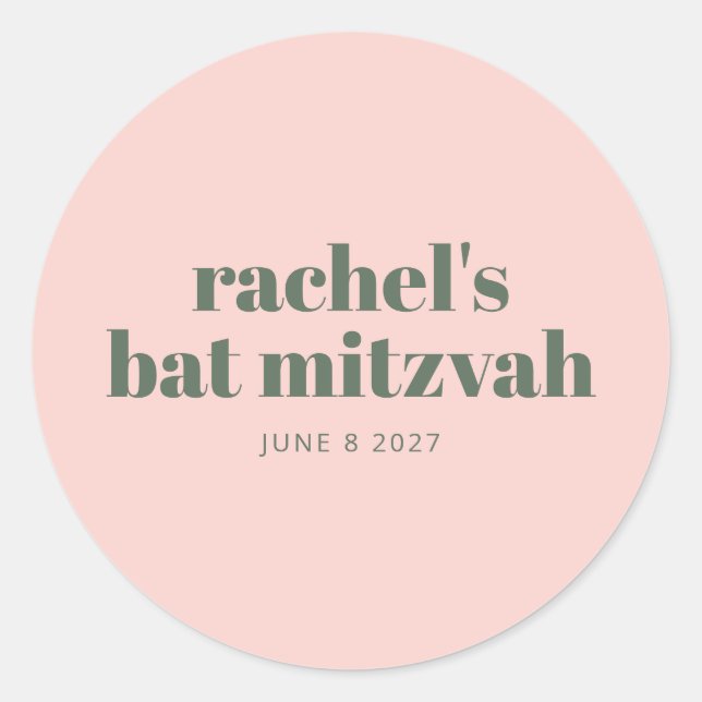 Personalisierter rosa grüner Bat Mitzvah Runder Aufkleber (Vorderseite)
