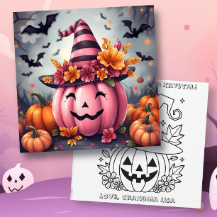 Personalisierter rosa Halloween-Kürbis & Malvorlag Karte