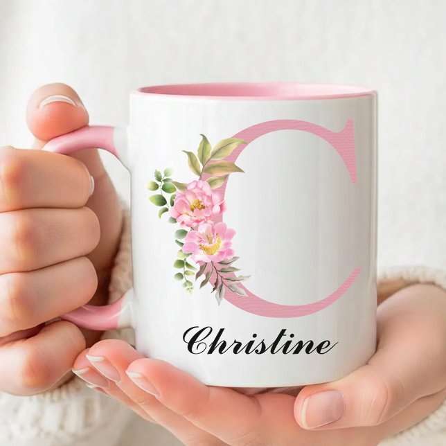 Personalisierter rosa Initialname Tassengeschenk f Tasse (Personalized Wildflower Mug Graduation Gift for Her, Pink Floral Name Mug Thank You Gift for Mom)
