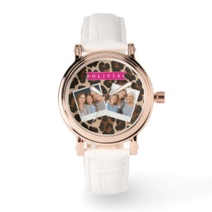 Personalisierter Rosa Leoparden Druck Chic Tiermus Armbanduhr