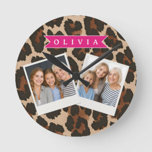 Personalisierter Rosa Leoparden Druck Chic Tiermus Runde Wanduhr