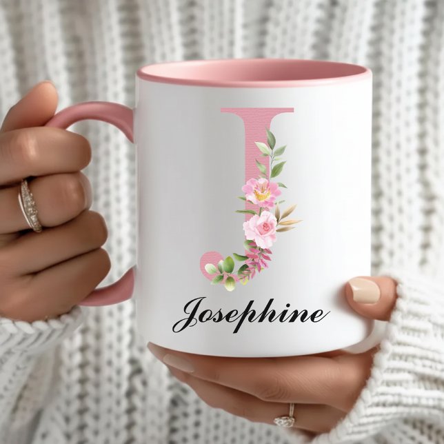 Personalisierter rosa Monogramm-Becher als Geschen Tasse (Personalized Wildflowers Mug Graduation Gift for Her, Pink Initial Name Mug Thank You Gift for Her)