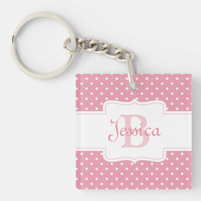 Personalisierter rosa Polka-Punkt Schlüsselanhänger (Vorderseite)