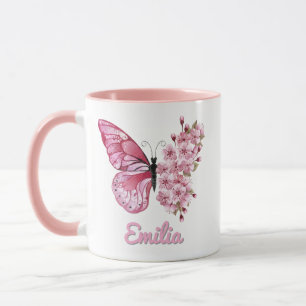 Personalisierter Rosa Schmetterling & Kirschblüte Tasse