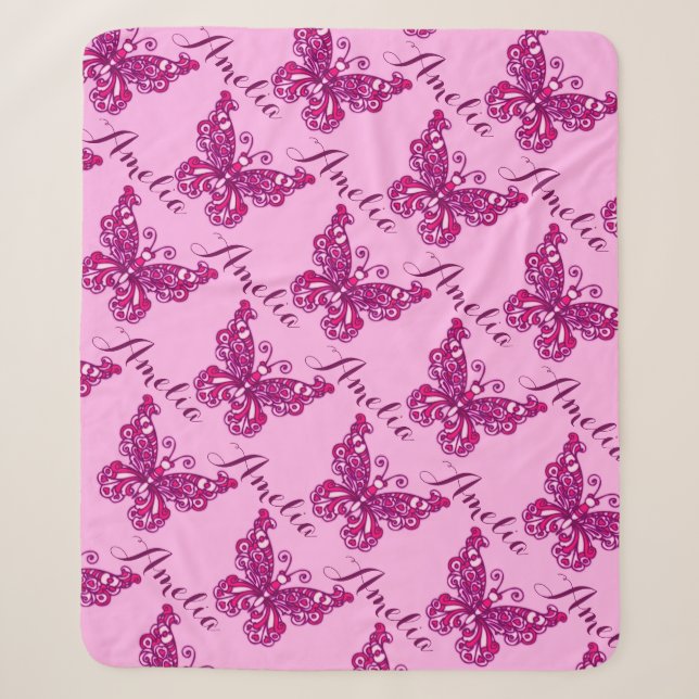 Personalisierter rosa Schmetterlingsmustertuch Sherpadecke (Vorderseite)