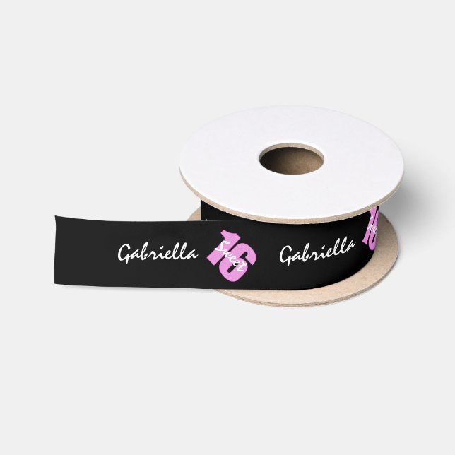 Personalisierter rosa u. schwarzer Bonbon 16 Satinband (Spule)
