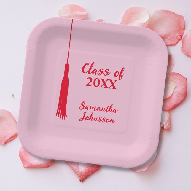 Personalisierter rosa und roter Tassel-Abschluss Pappteller (Bold Pink & Red Tassel Personalized Graduation Paper Plates)