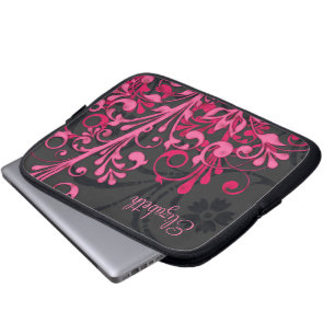 Personalisierter, rosa und schwarz-blumengeschoss laptopschutzhülle