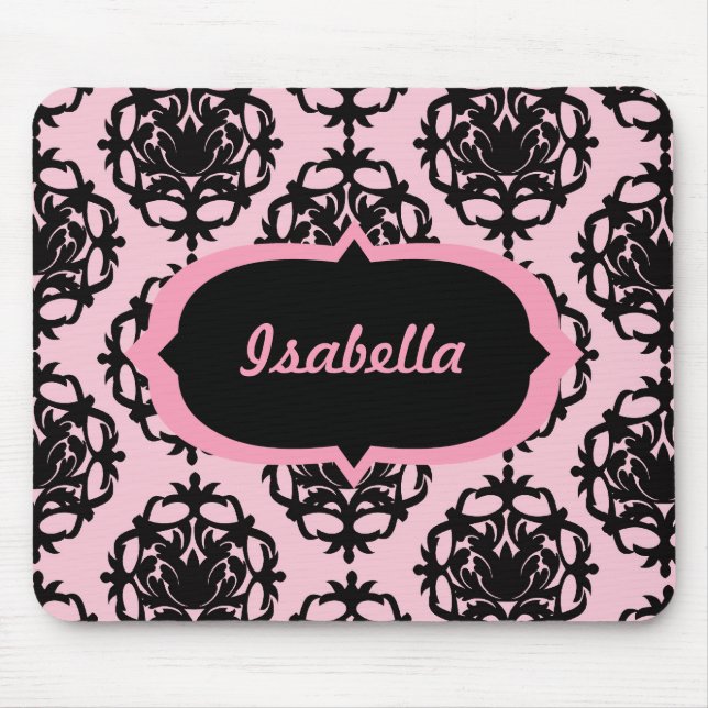 Personalisierter rosa und schwarzer Damast Mousepad (Vorne)