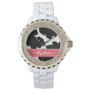 Personalisierter rosa und schwarzer Kuh-Druck Armbanduhr