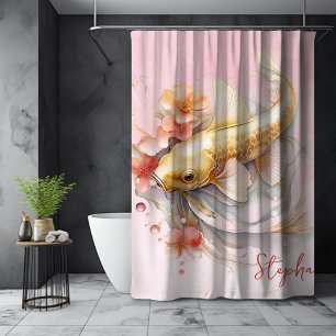 Personalisierter rosa Wasserfarbe-Gold-Koi-Blumen Duschvorhang