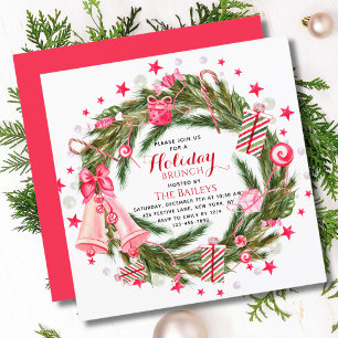 Personalisierter rosa Weihnachts-Kranz-Brunch Einladung