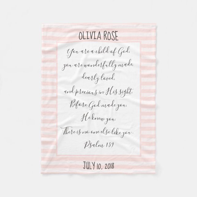 Personalisierter, rosa/weißer Streifen, Verse aus  Fleecedecke (Vorderseite)