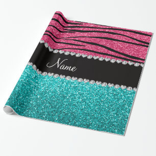 Personalisierter rosa Zebratürkis-NamensGlitter Geschenkpapier