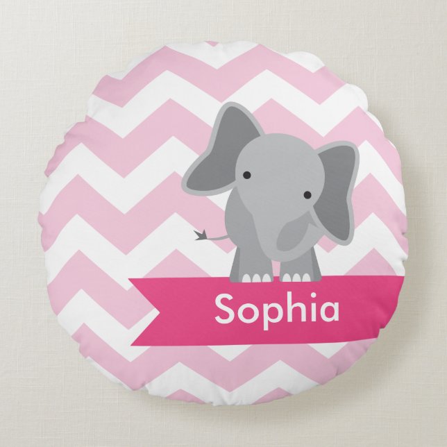 Personalisierter rosa Zickzack Elefant Rundes Kissen (Vorderseite)