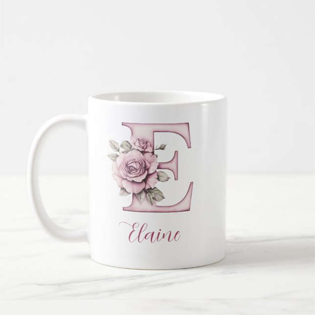 Personalisierter, rosafarbener, floraler Monogramm Kaffeetasse (Links)