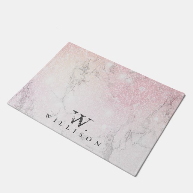 Personalisierter Rose-Glitzer Fußmatte (Schrägansicht)