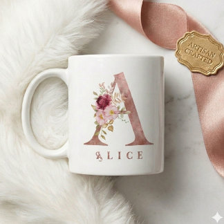 Personalisierter Roségold-Blumen-Initialbuchstabe  Kaffeetasse