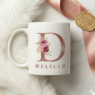 Personalisierter Roségold-Blumen-Initialbuchstabe  Kaffeetasse