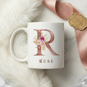Personalisierter Roségold-Blumen-Initialbuchstabe Kaffeetasse