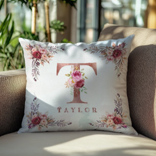 Personalisierter Rosen-Gold-Blumen-Initial-T-Monog Kissen