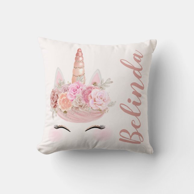 Personalisierter Rosen-GoldUnicorn mit Blumen Kissen (Vorderseite)