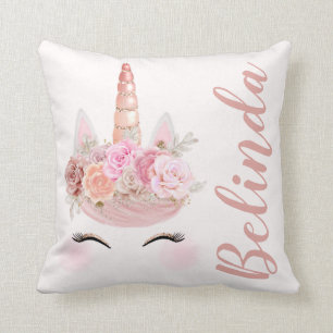 Personalisierter Rosen-GoldUnicorn mit Blumen Kissen