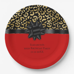 Personalisierter Rot Schwarz Gold Leoparden Druck Pappteller