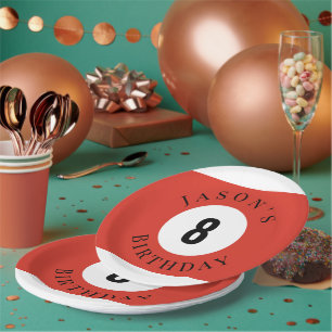 Personalisierter roter Billardpoolball Geburtstag Pappteller